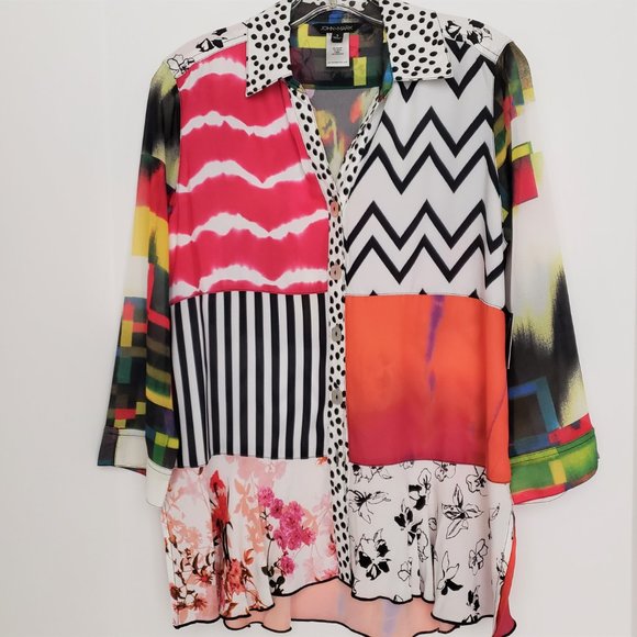 John Mark Paneled Mixed Media Cuff-Sleeve Button-Front Blouse S - Picture 2 of 8